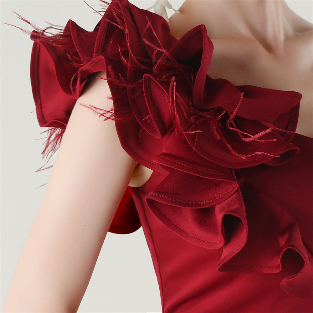 Women One-Shoulder Beaded Wool and Floral Satin Slit Sexy Evening Dress 61