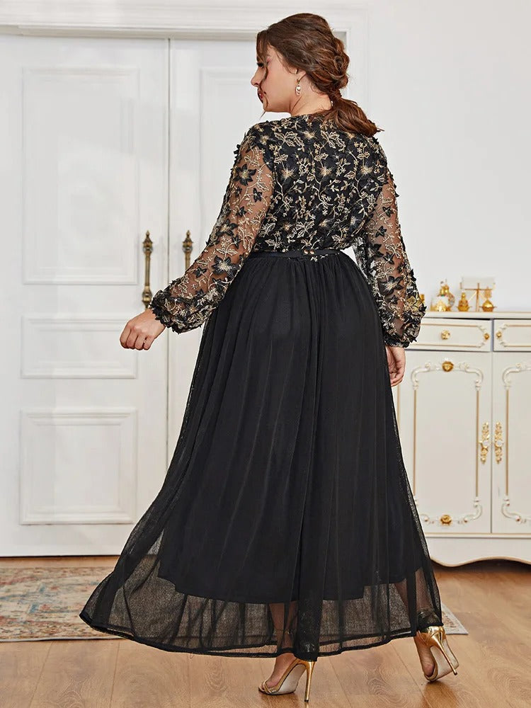 Plus Size V Neck Patchwork Long Sleeve Maxi Dress 3