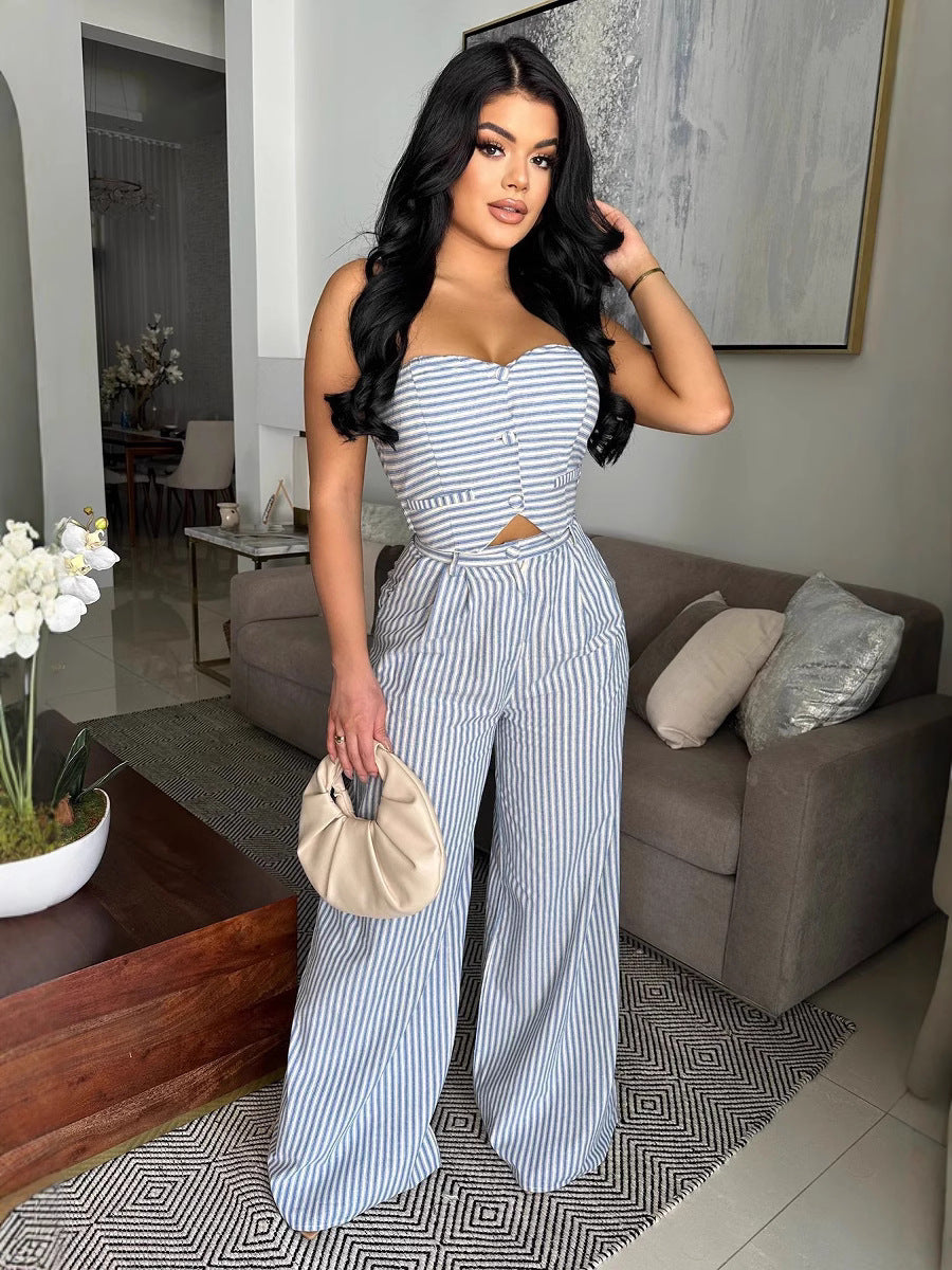 Women Backless Striped Sleeveless Strapless Top and Pants Two-piece Set