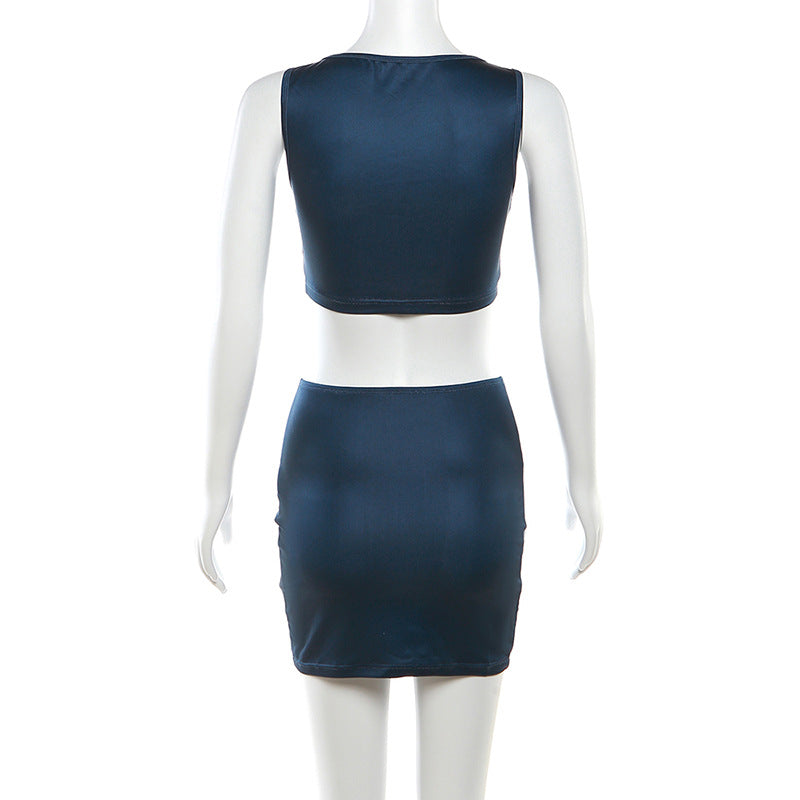 Autumn and winter women's fashion trendy sexy low-cut vest solid color Bodycon zipper skirt two piece set 7