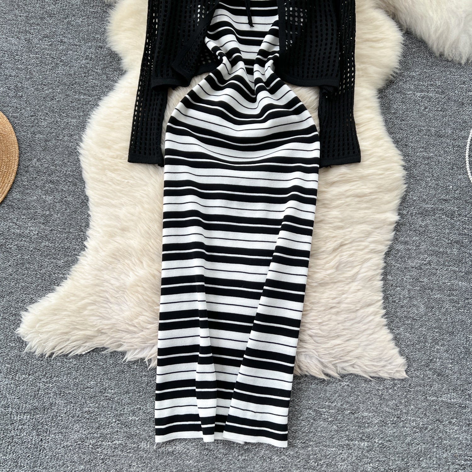 Tie Up Cardigan Low Back Strap Slim Fit Chic Stripes Knitting Dress 23