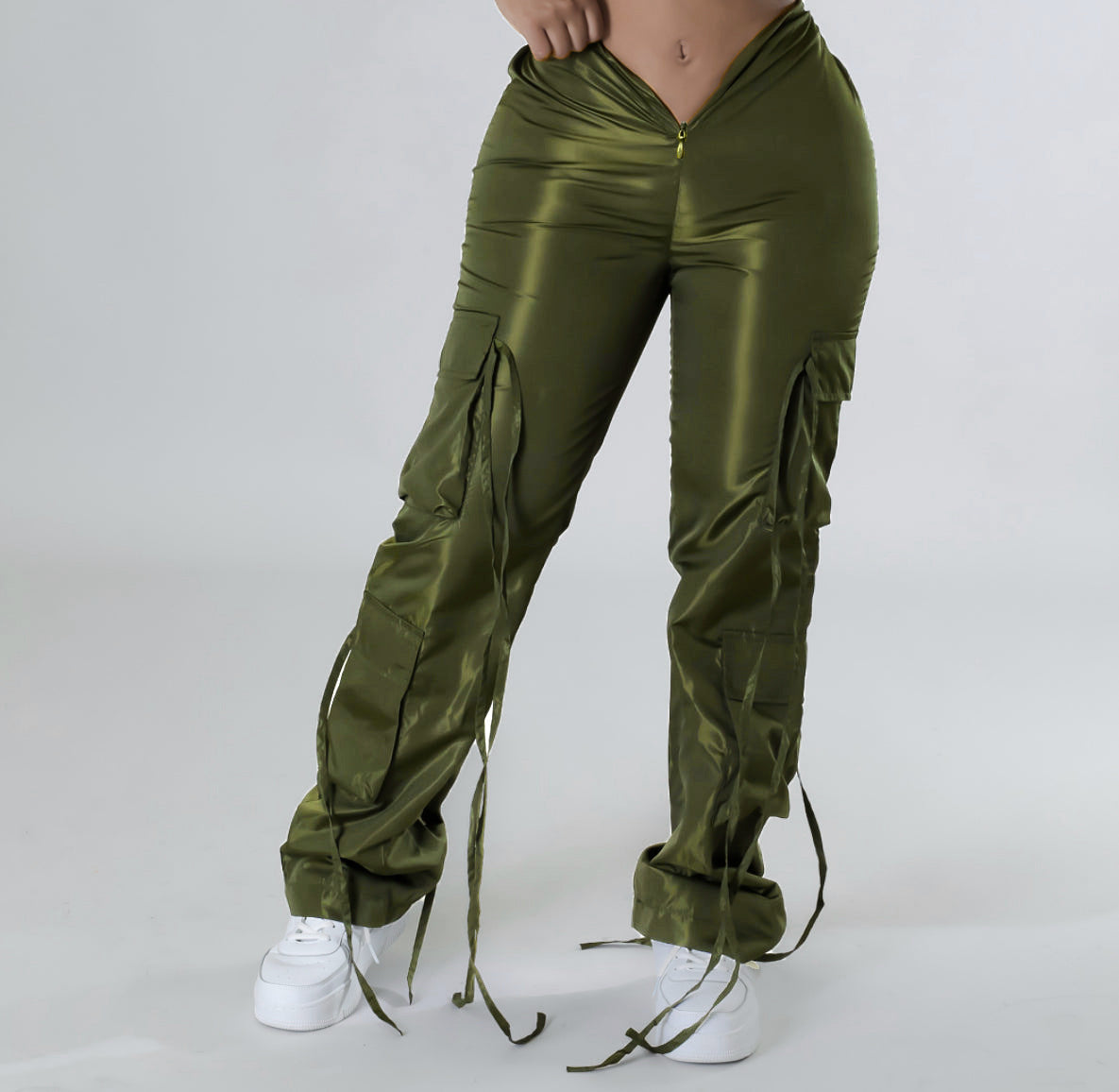 Women's Zip Lace-Up Solid Green Casual Trousers 3