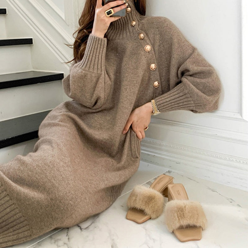 Autumn winter Chic button long sleeve sweater long women Knitting long dress 7