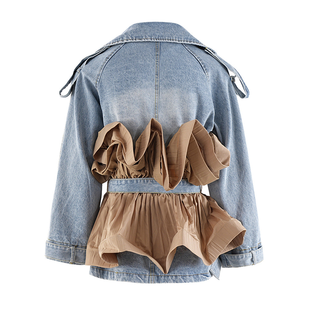 Women's Autumn Ruffle Contrast Color Patchwork Belt Turndown Collar Denim Jacket 11