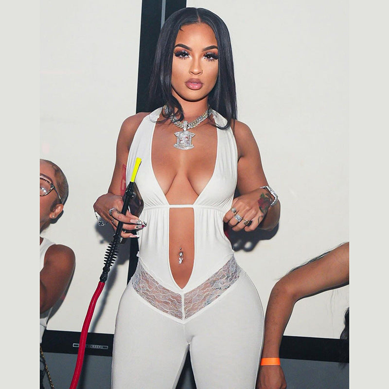 Women Summer Sexy Halter Neck V-neck Backless Lace Hollow Jumpsuit 3