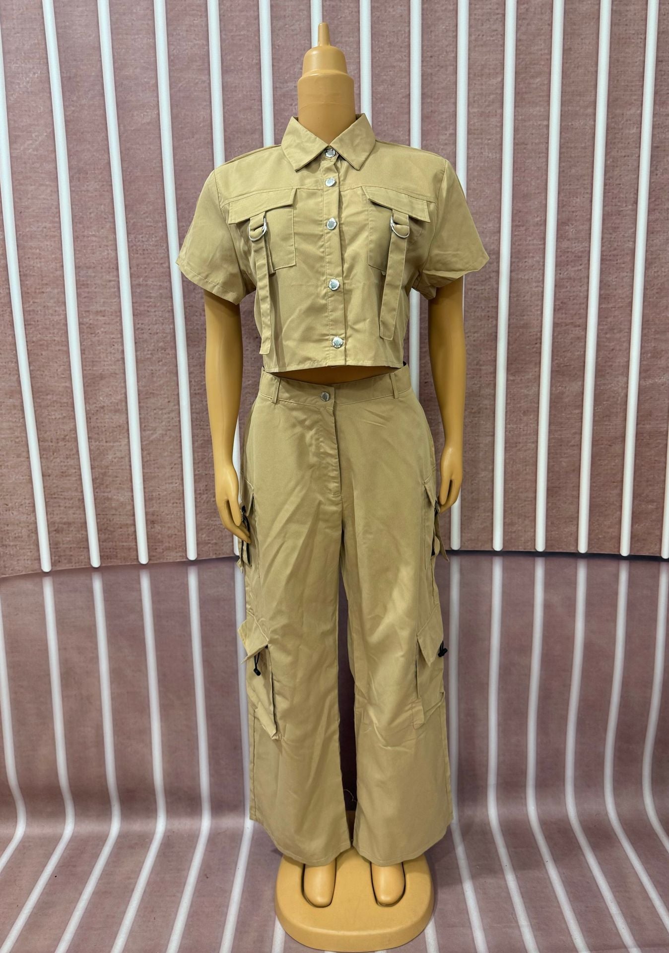 Women Ribbon Short Sleeve Top and Cargo Pants Two-Piece Set 4