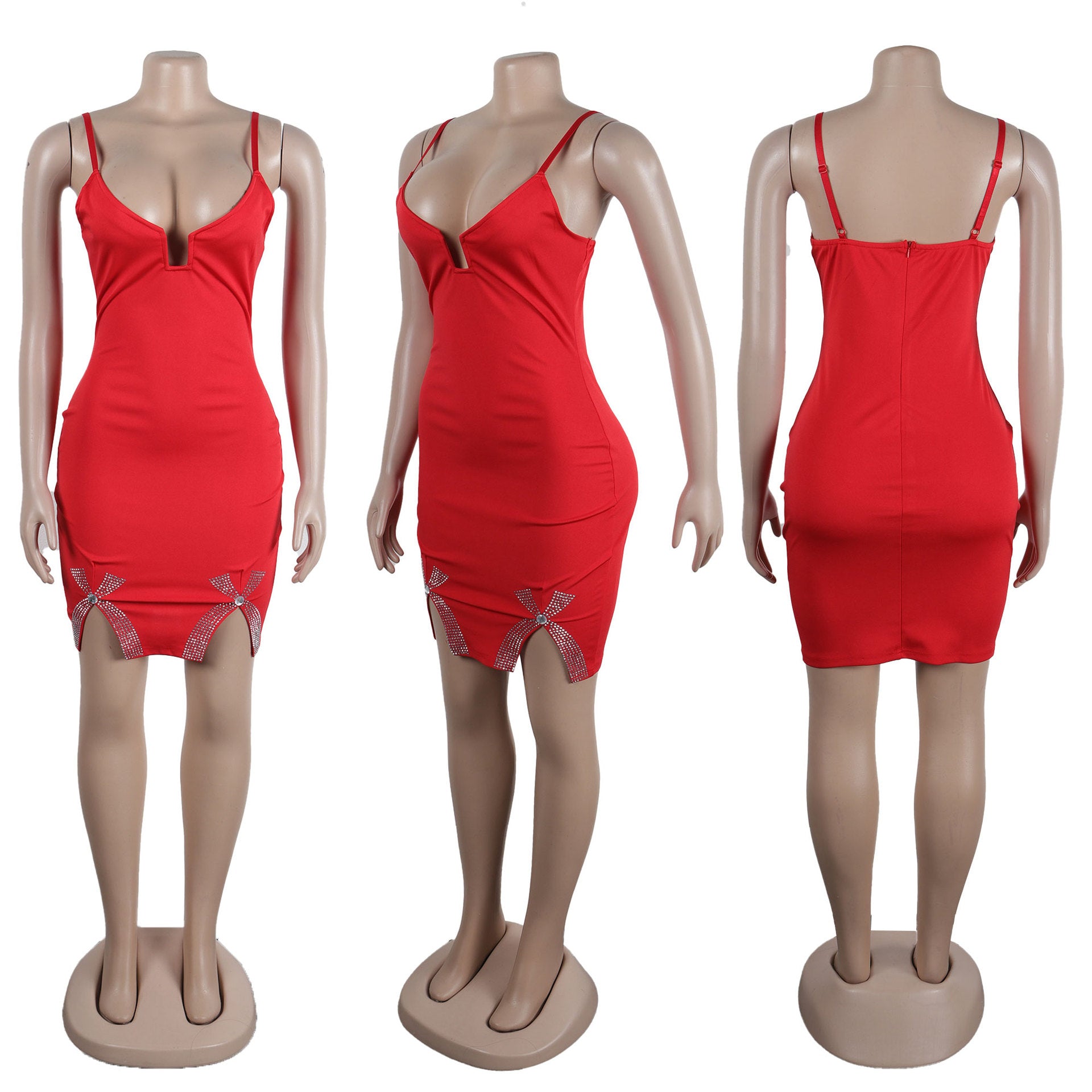 Sexy Bow-Embellished Beaded Slit Strap Bodycon Dress 31