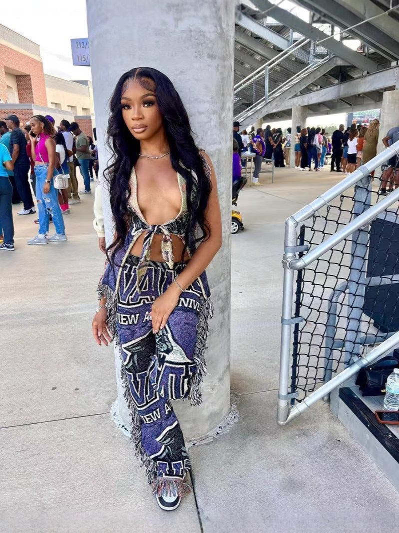 Women casual multi-color print tassel pants 4