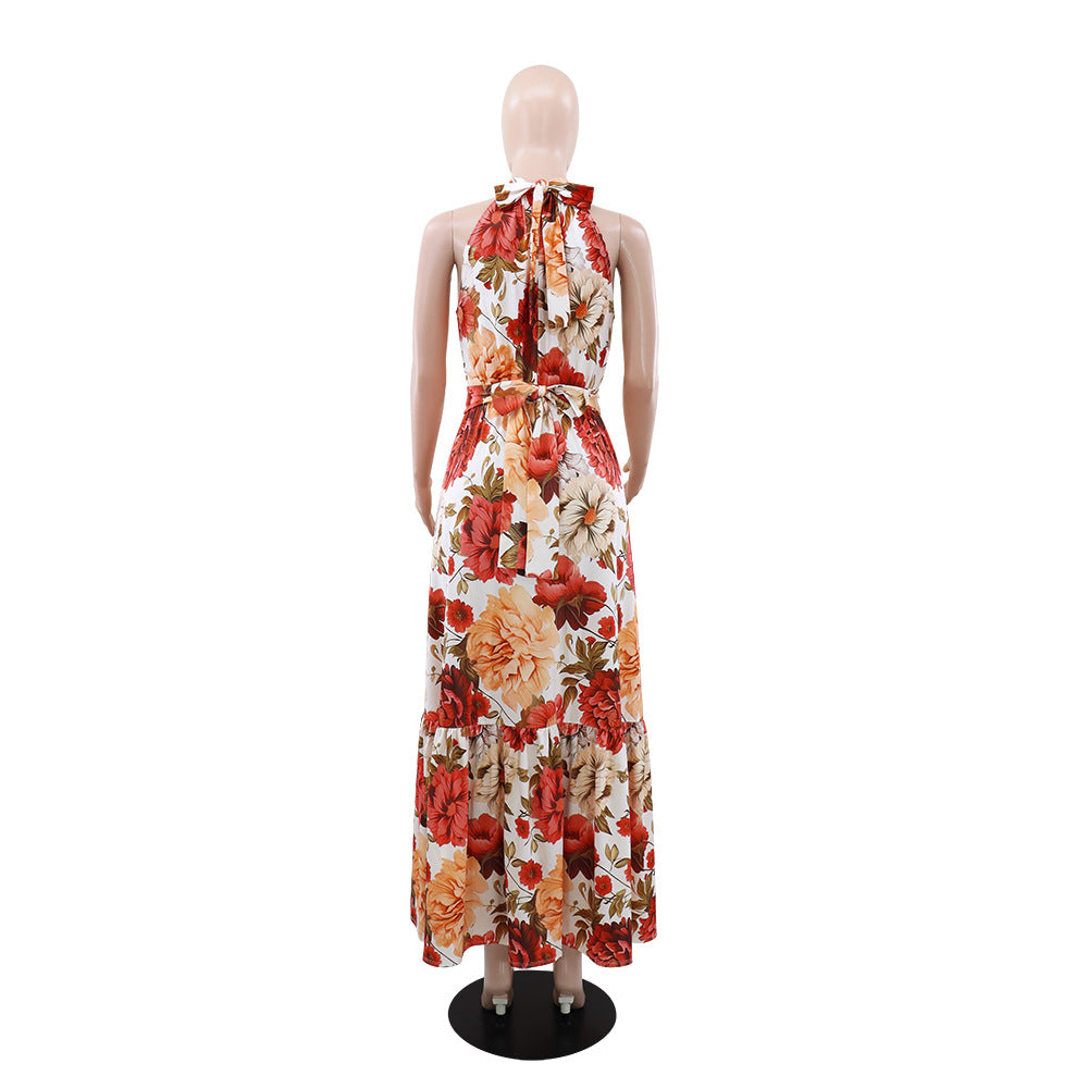 Summer Women's Flower Print Halter Neck Sleeveless Chic Long Dress 7