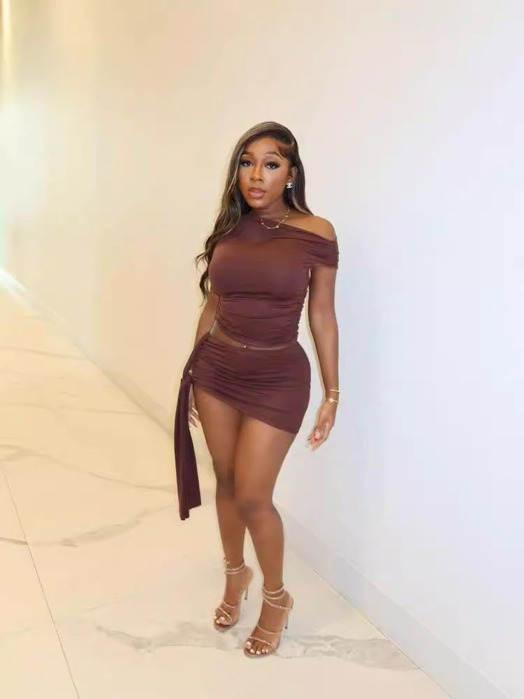 Fashionable Women's Solid Color Slash Shoulder Slim Short Skirt Two Piece Set 4