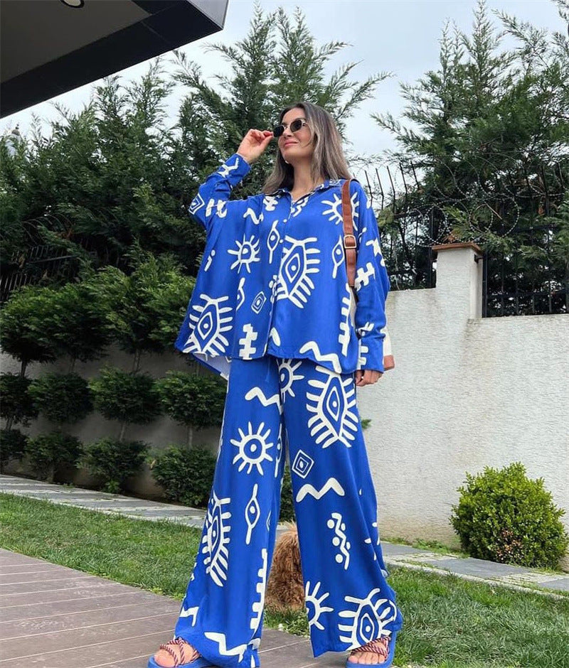 Women's Fashionable Printed Loose Top High Waist Wide Leg Pants Two-Piece Set 10
