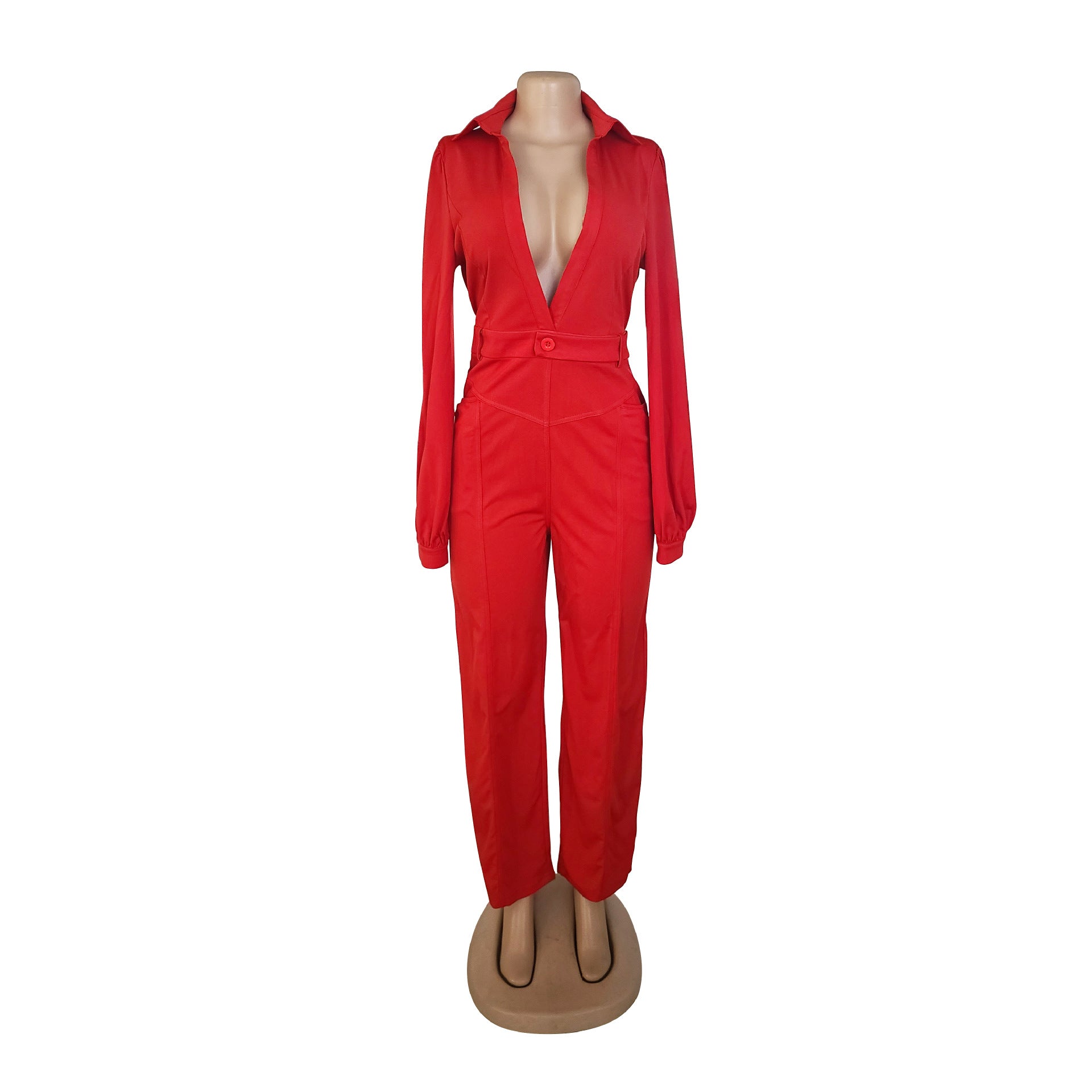 Women's Jumpsuit Sexy V-Neck Long Sleeve Tight Fitting Shirt Pants Fall Winter 18