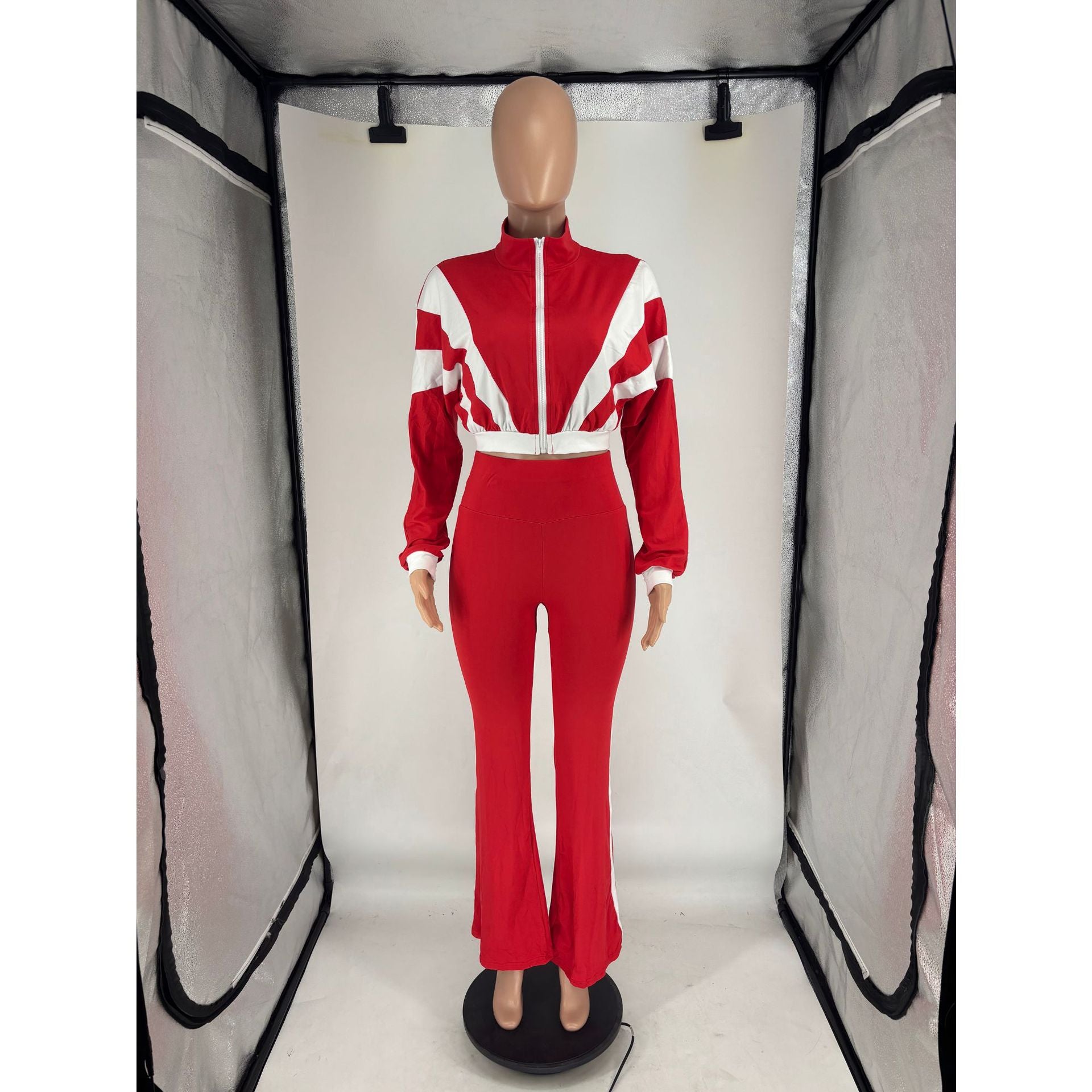 Women's Chic Casual Color-Block Long-Sleeve Zipper Top Slim Fit Bell Bottom Pants Set 23