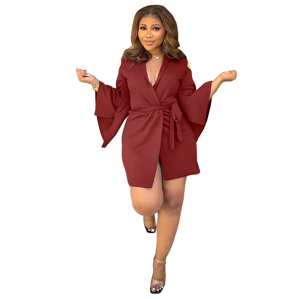 Women long sleeve cardigan lace up suit dress 8