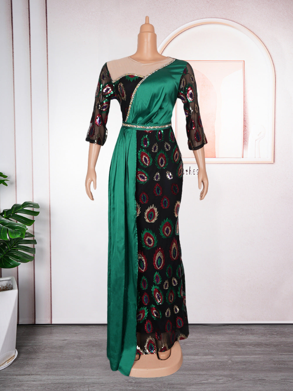 Patchwork Contrast African Women's Plus Size High Waist Sequin Long Dress 11