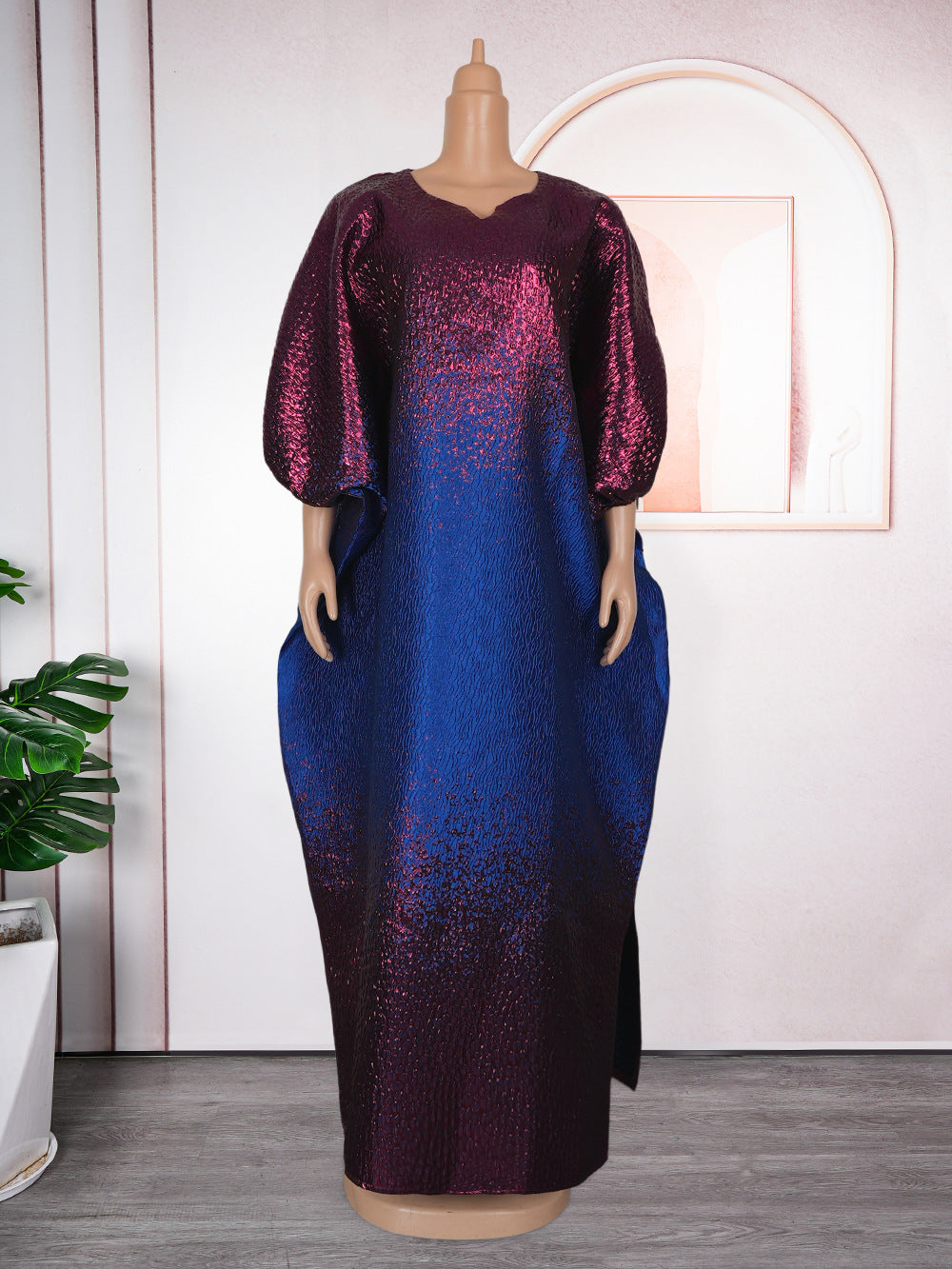 Plus Size African Women Bat Sleeves Colorblock Dress 6