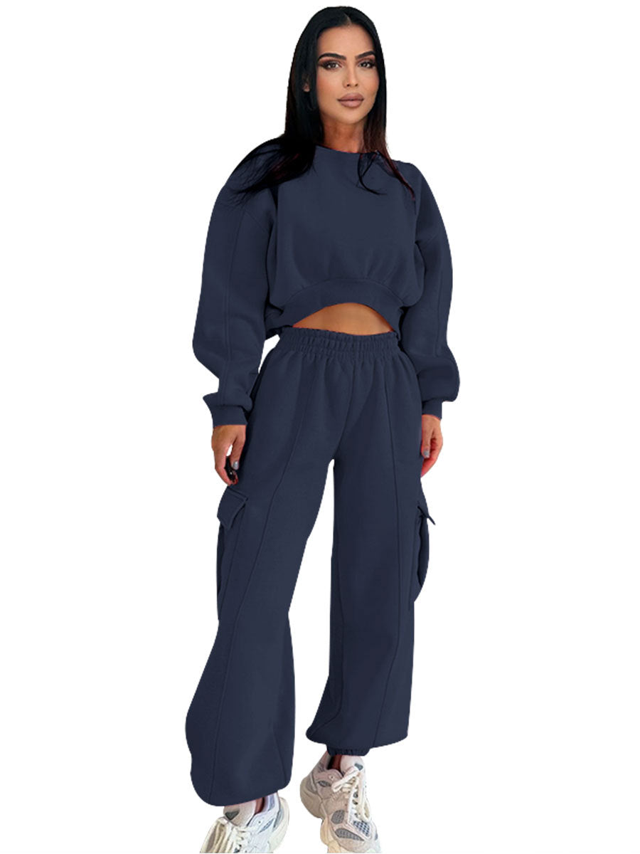 Women's Autumn Round Neck High Waist Hoodies Pocket Loose Sweatpants Suit