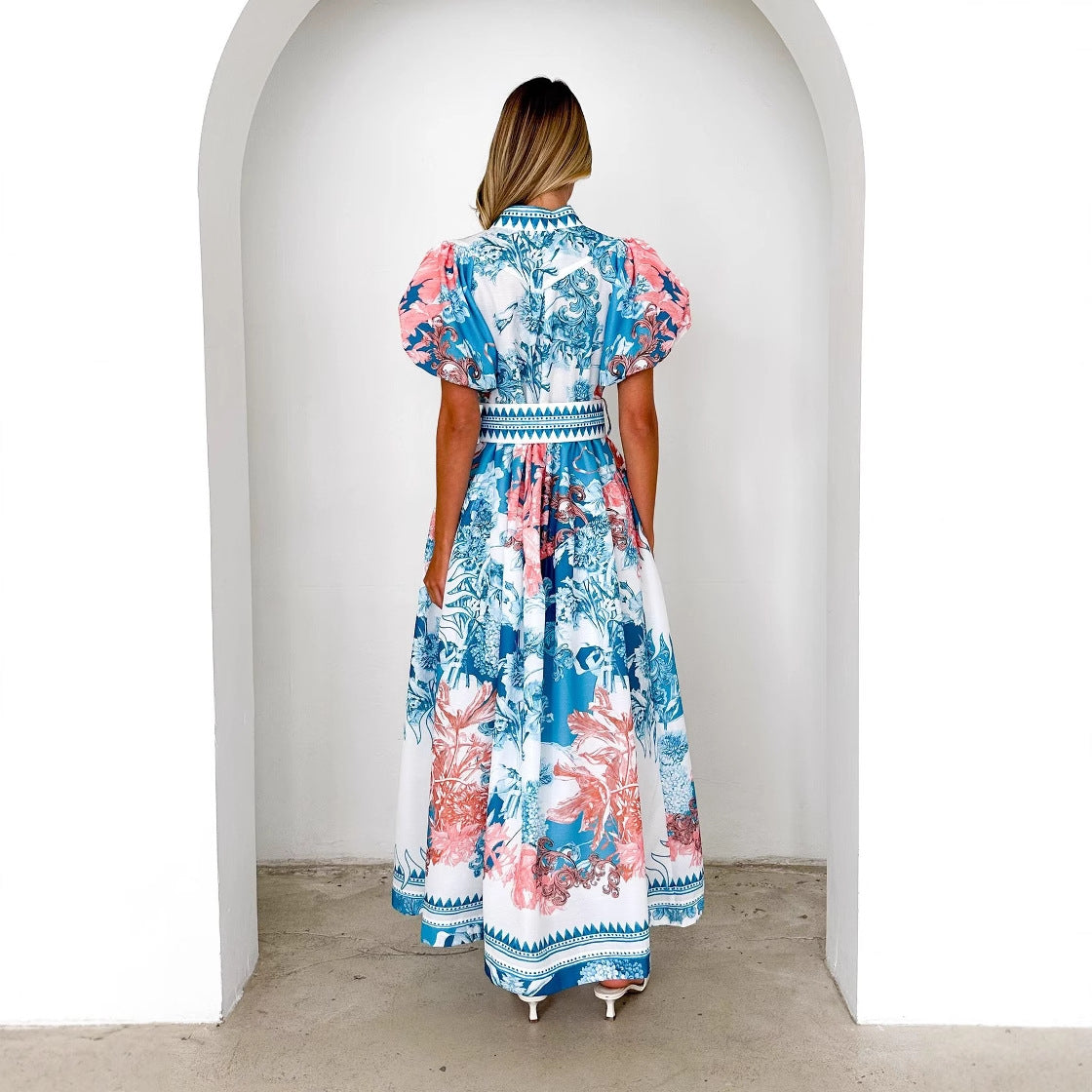 Casual Tie-Waist Printed Long Dress