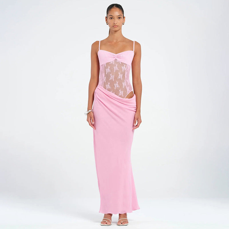 Women's Spring Summer Solid Color Strap Lace Tight-Fitting Patchwork Dress 3