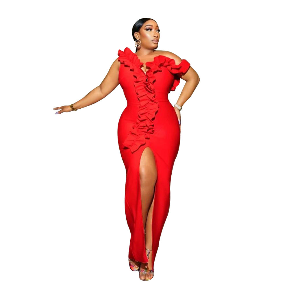 Women's Sexy Ruffled One-Shoulder Slit Evening Dress 4