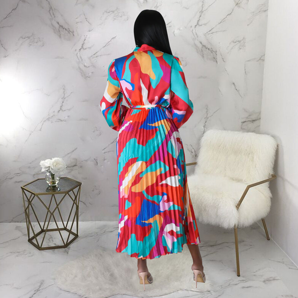 Women's Tie Long Sleeve Printed Pleated Dress 57