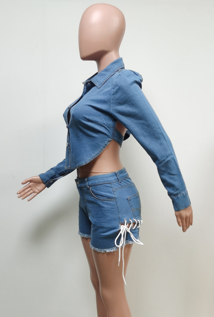 Autumn Long Sleeve Denim Cropped Top and Shorts Set 4