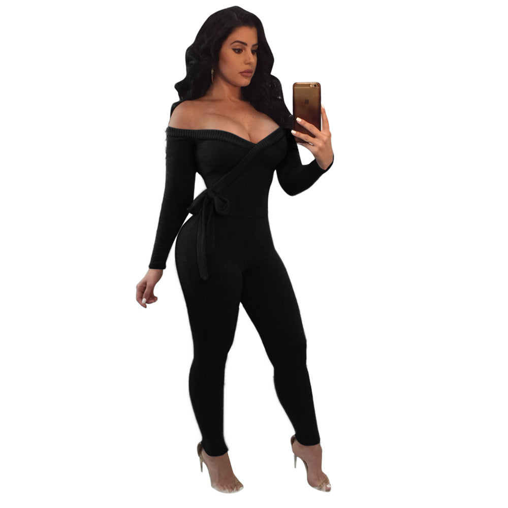 Sexy deep v women's long-sleeved off-the-shoulder Jumpsuit