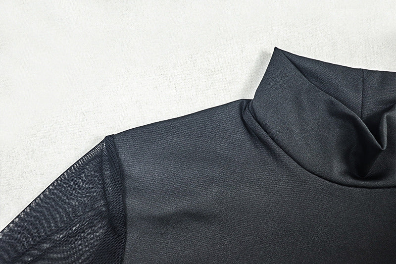 Women Slash Solid Turtleneck Mesh See-Through Long Sleeve Bodycon Dress 10