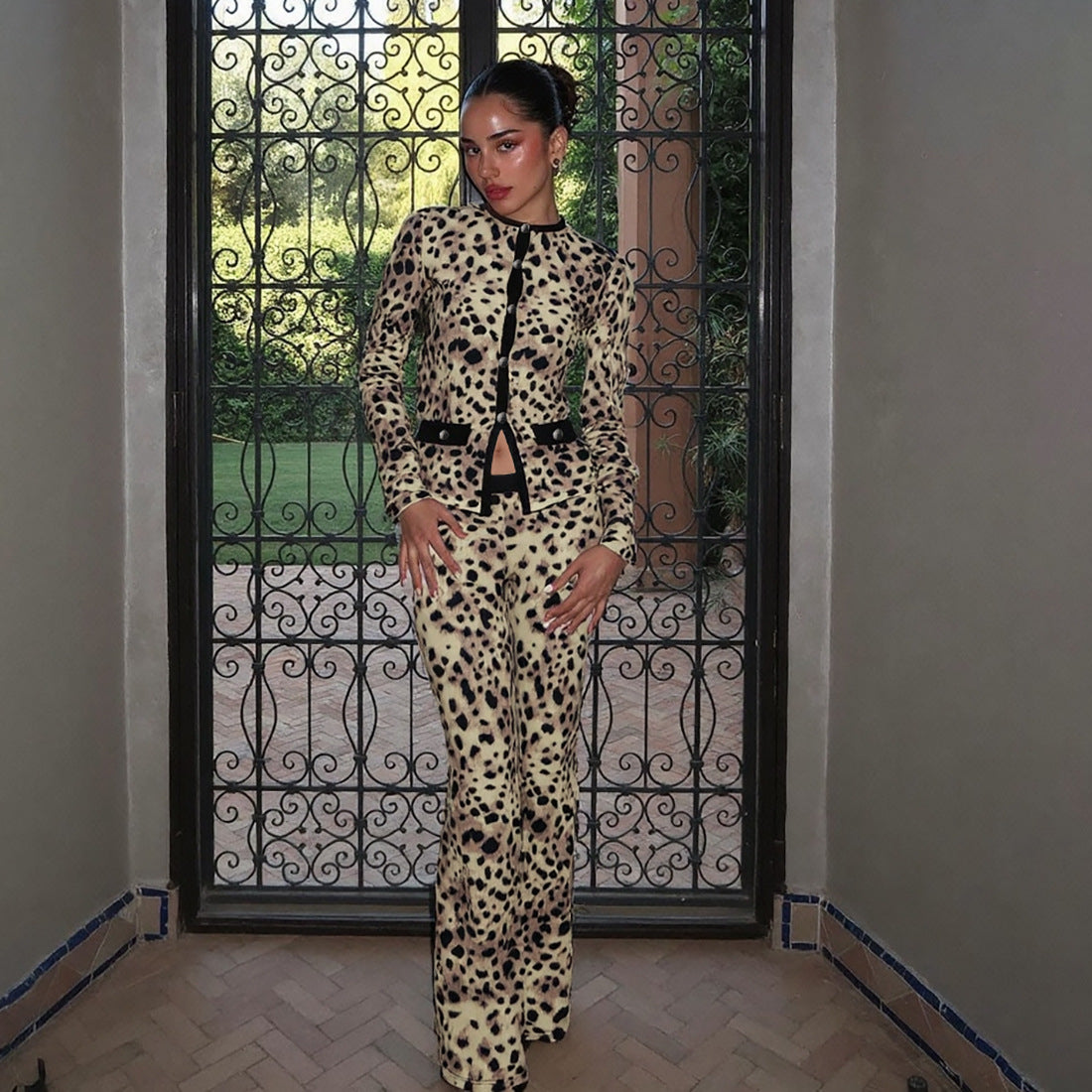 Women's Autumn Style Round Neck Button Contrast Color Long Sleeve Top & High-Waist Slim Fit Pants Set 4