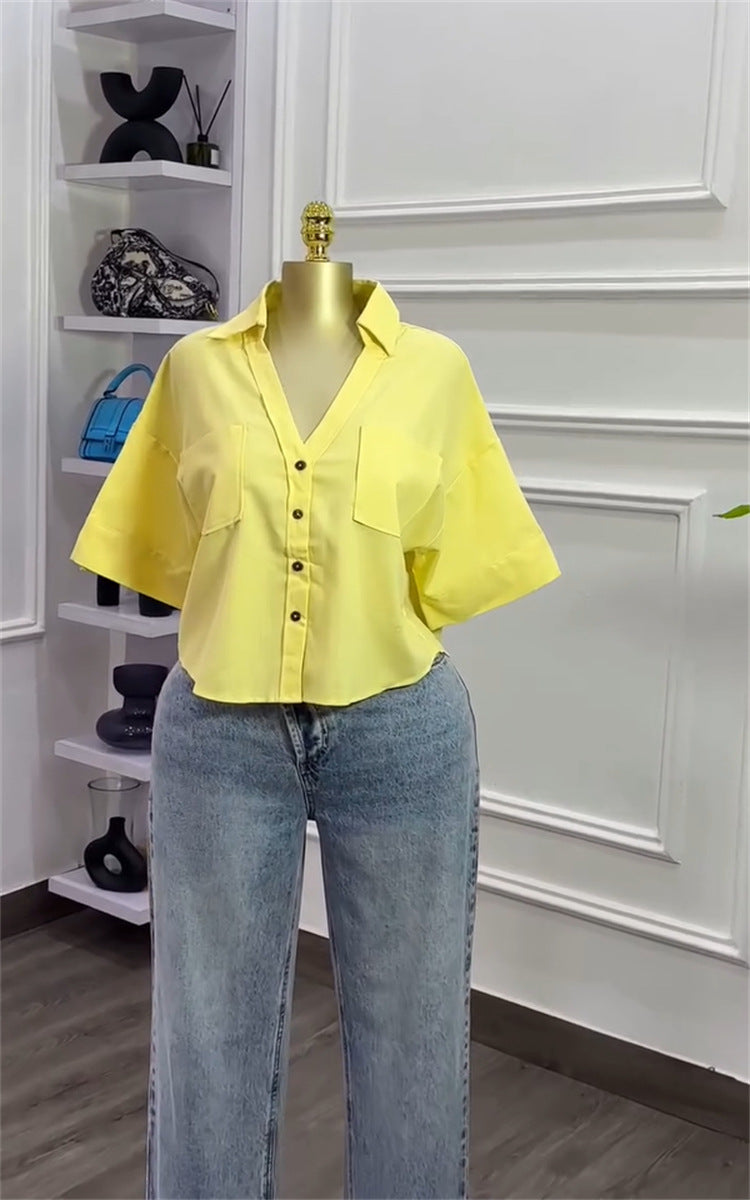 Women's Autumn Turndown Collar Loose Fashion Short Sleeve Shirt Top 10