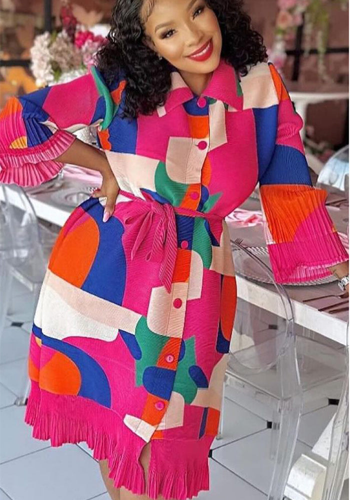 Print Women Summer Loose Slim Fit Casual Pleated Dress 5