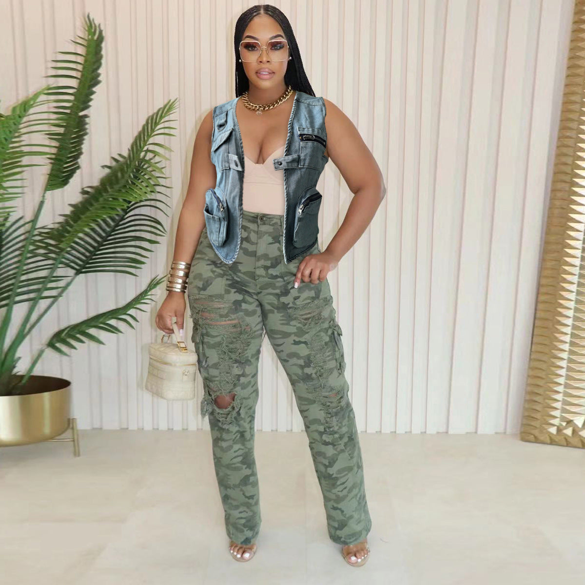 Pocket Buttons Washed Denim Women's Top 4