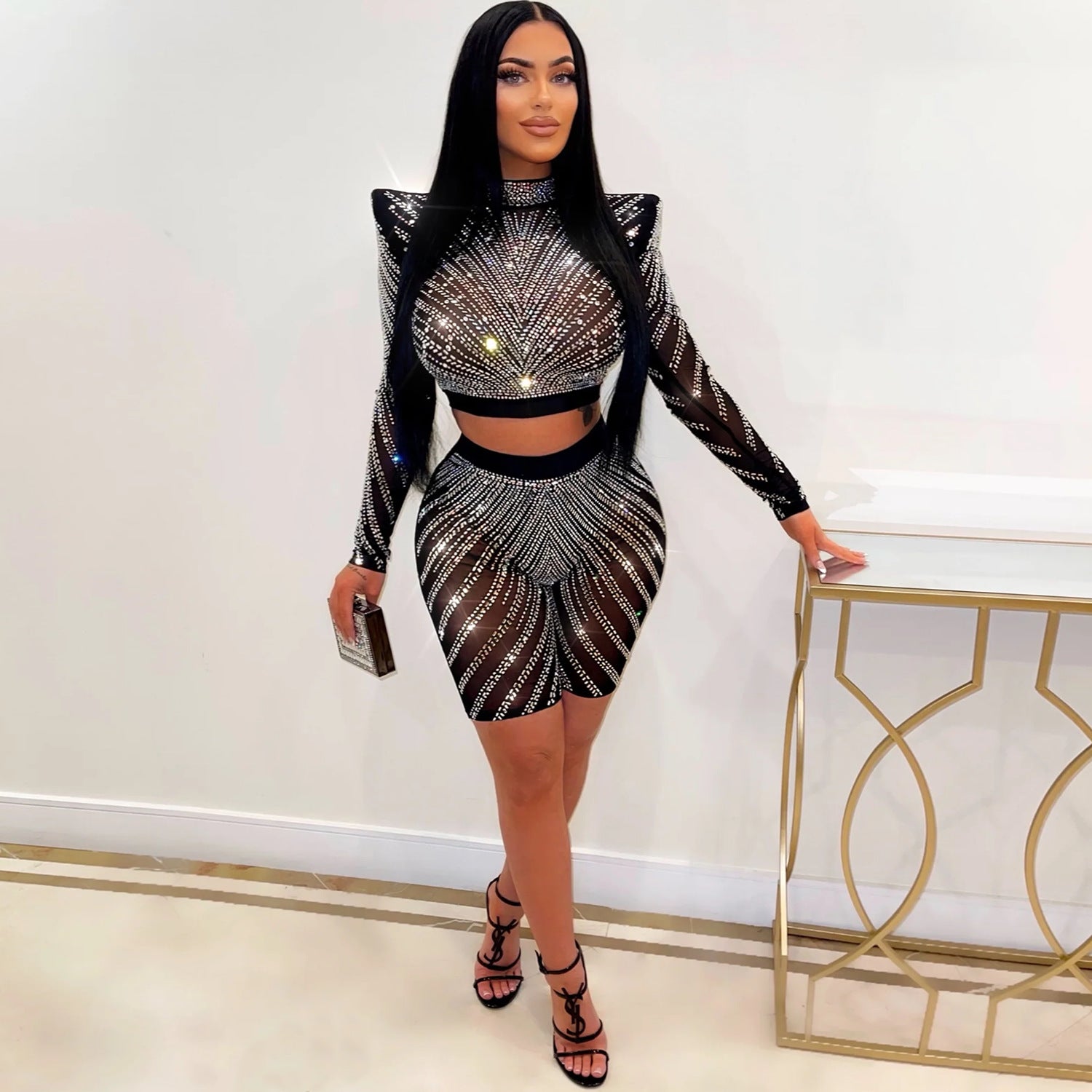 Summer Women's Sexy Tight Fitting Mesh See-Through Long Sleeve Beaded Two-Piece Suit