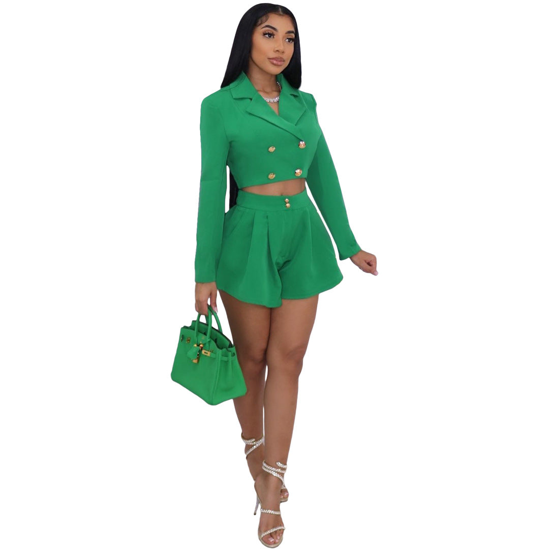 Women's Fashion Slim Solid Color Blazer Two Piece Set 6