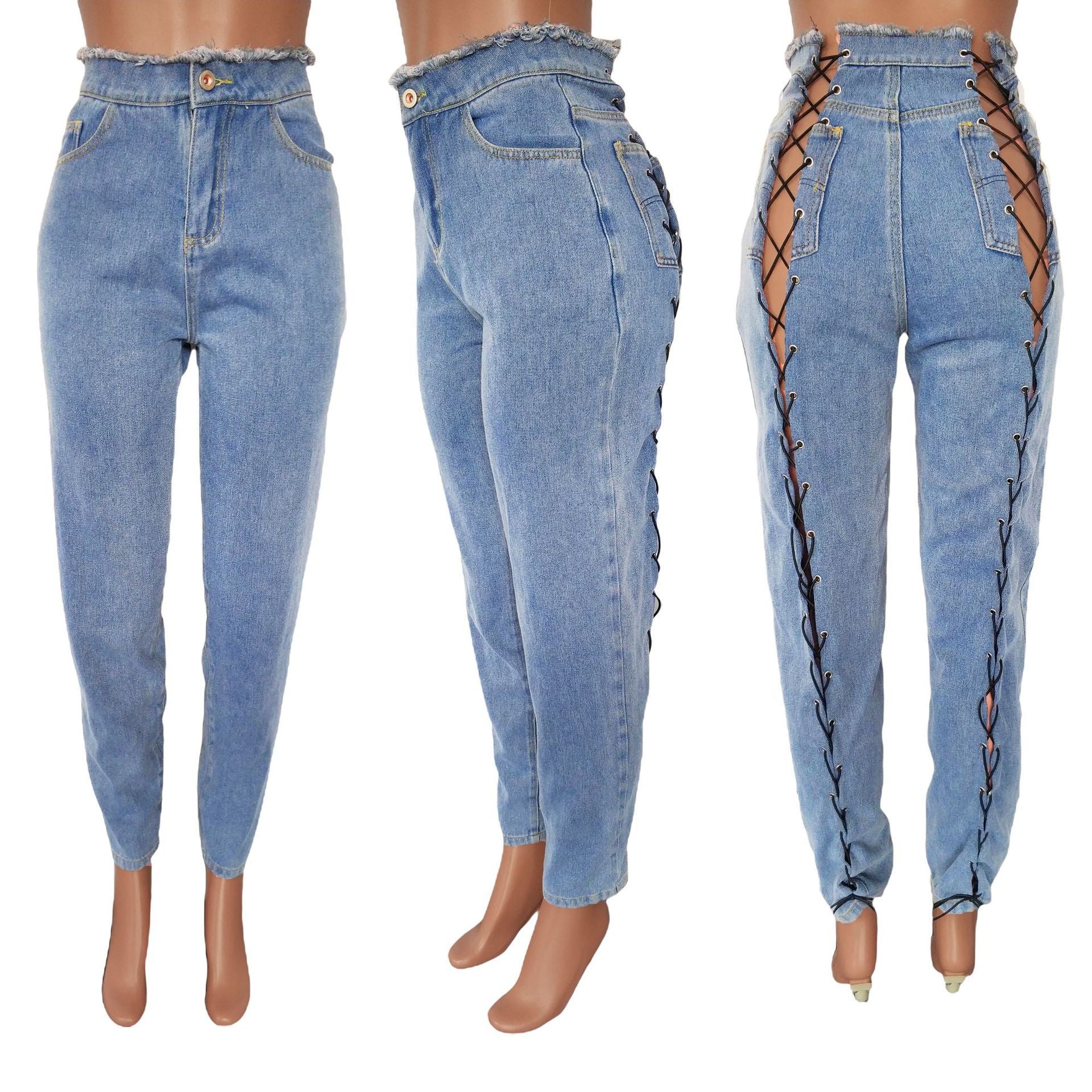 Women's Tie-Down High Waist Trousers Slim Fit Washed Stretch Denim Pants
