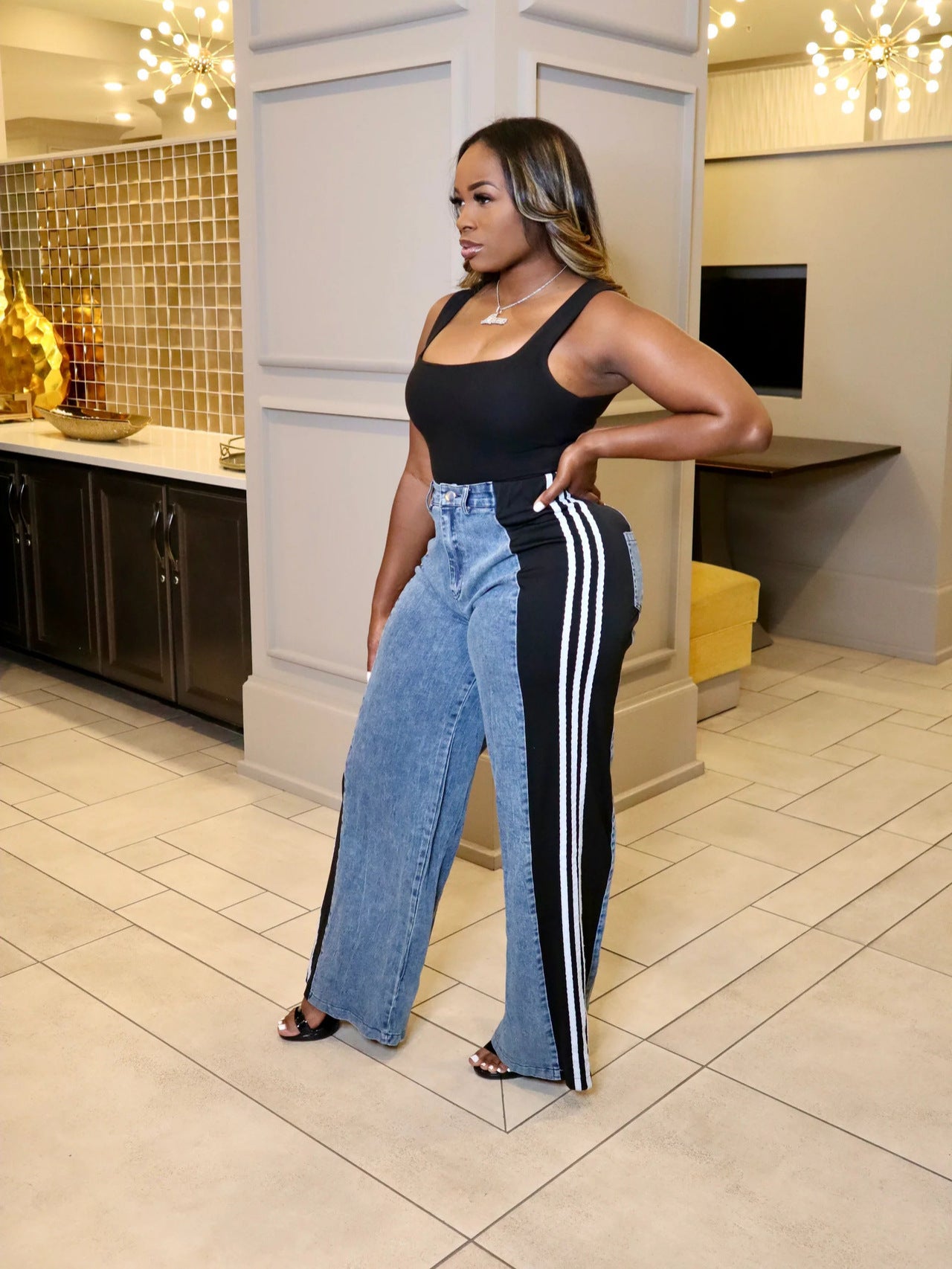 Summer fashion patchwork striped wide leg casual straight pants denim trousers 6