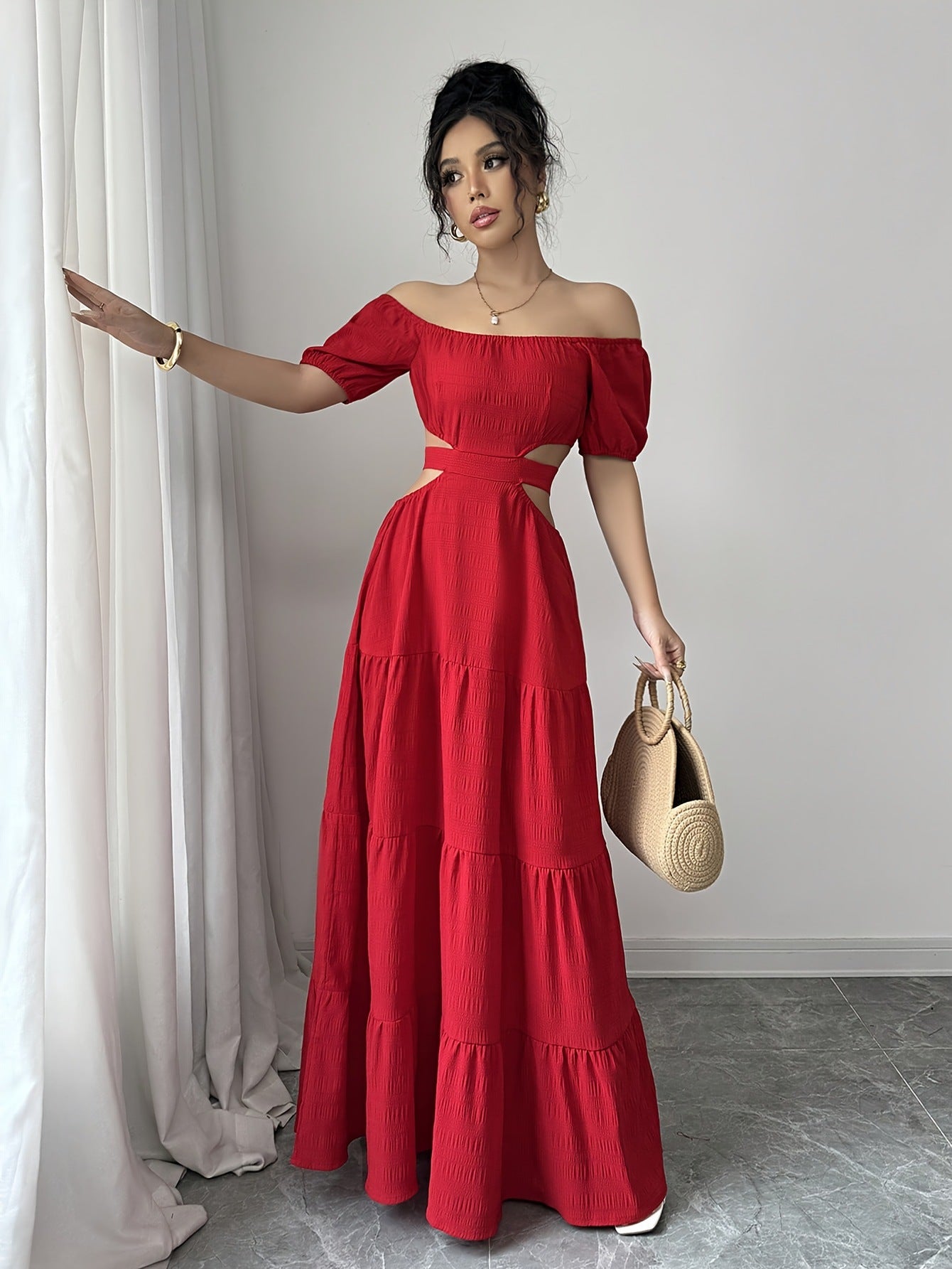 Women Off Shoulder French sexy Holidays Open Waist waist red dress 4