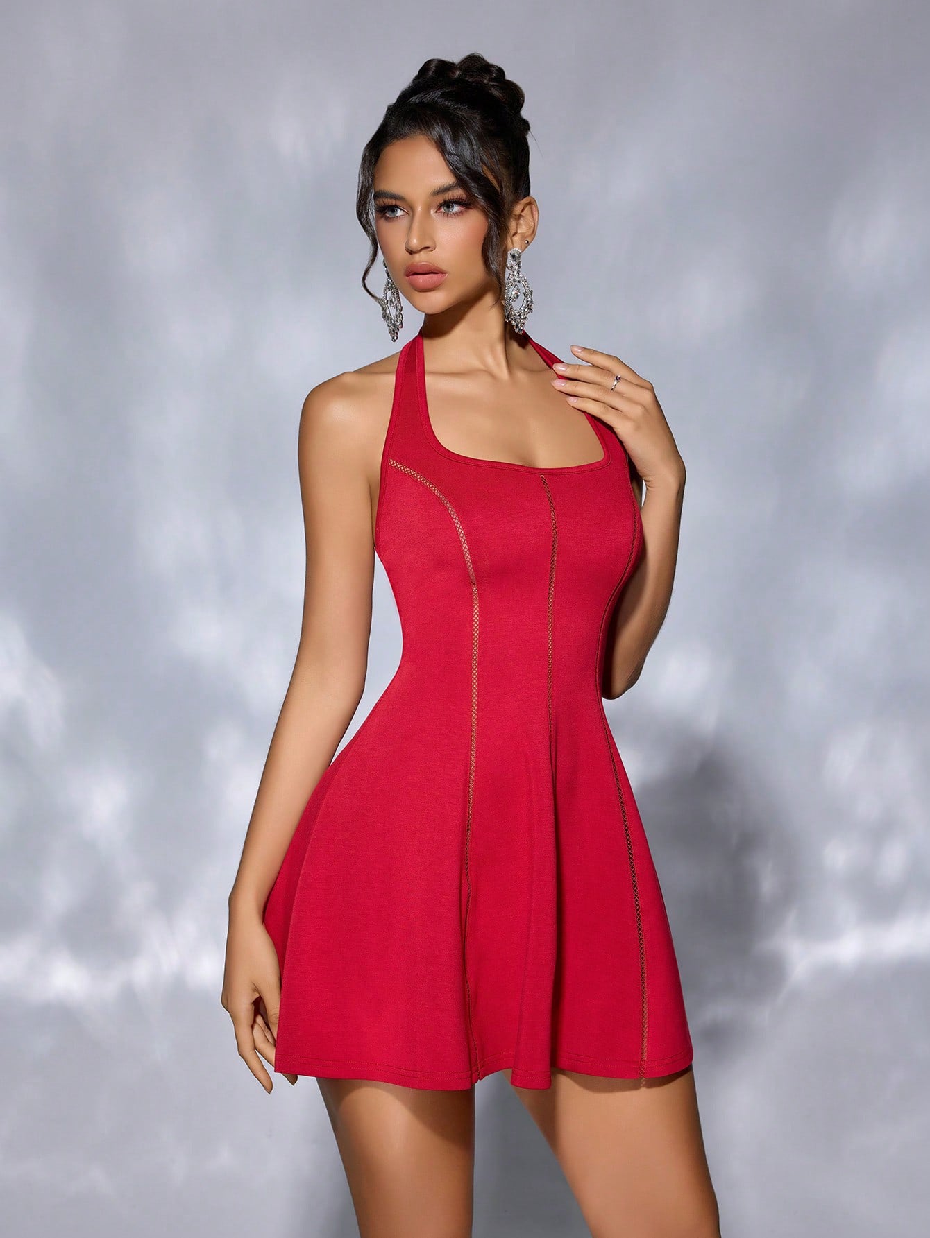 Women's Solid Color Halter Neck Lace-Up Strapless Hollow Patchwork Slim Waist Low Back Cocktail Dress 5