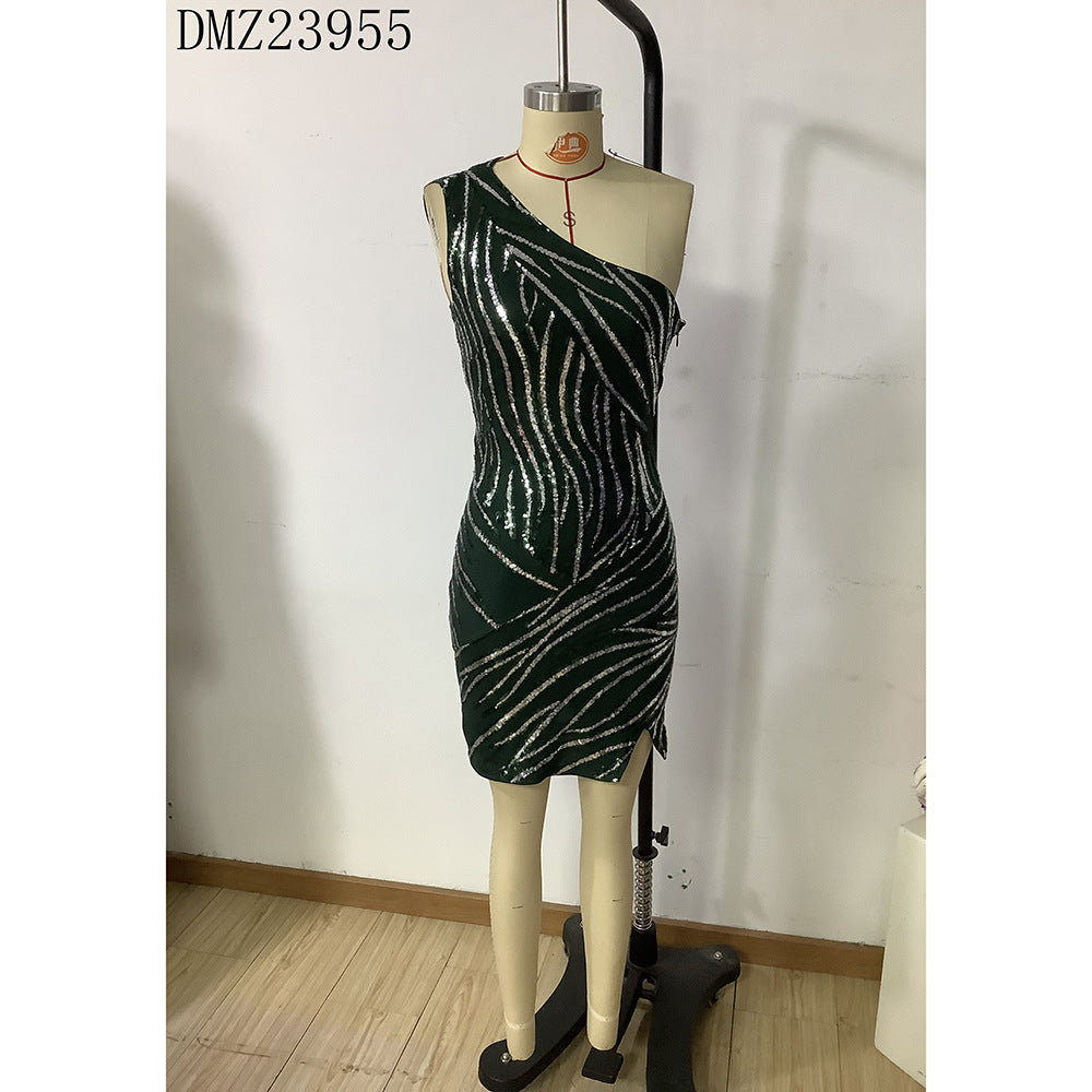 Summer Women's Sexy Sweet One Shoulder Sequin Bodycon Party Evening Dress 7