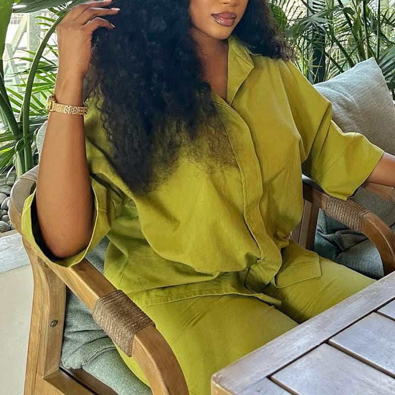 Plus Size Women summer solid African Top and long pants two-piece set 4