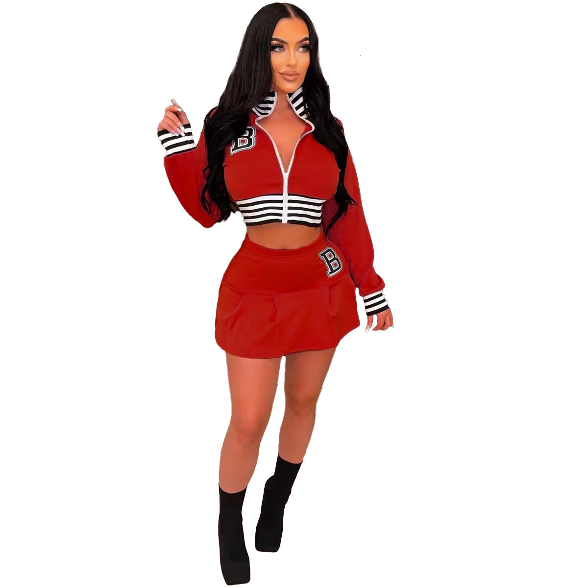 Women Casual Long Sleeve Letter Print Baseball Jacket and Mini Skirt Two-Piece 4