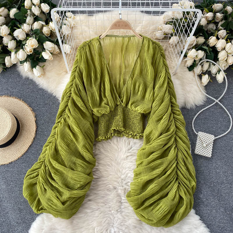 Pleated Puff Sleeves Slim Short Fashionable Chiffon Shirt Tops 31