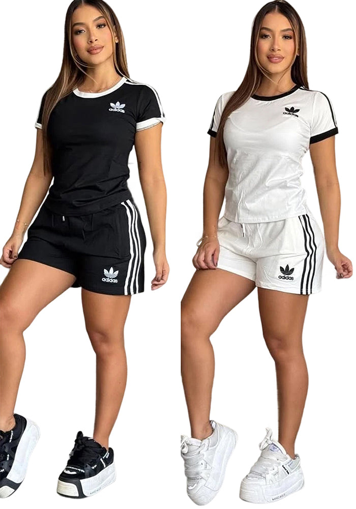 Women casual summer pocket embroidery sports striped short-sleeved top and shorts two-piece set
