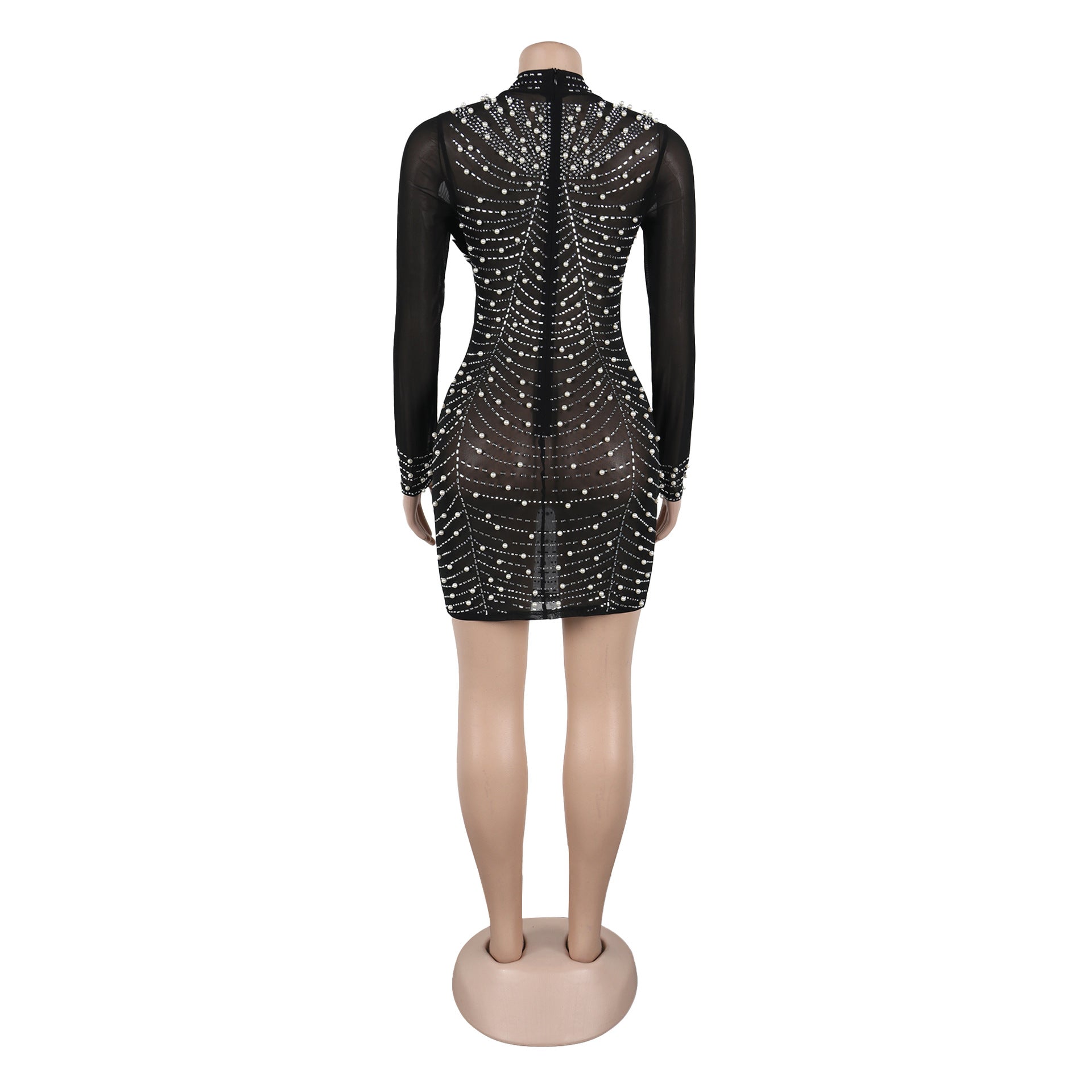 Sexy See Through Mesh Long Sleeve Beaded Feather Bodycon Dress 7