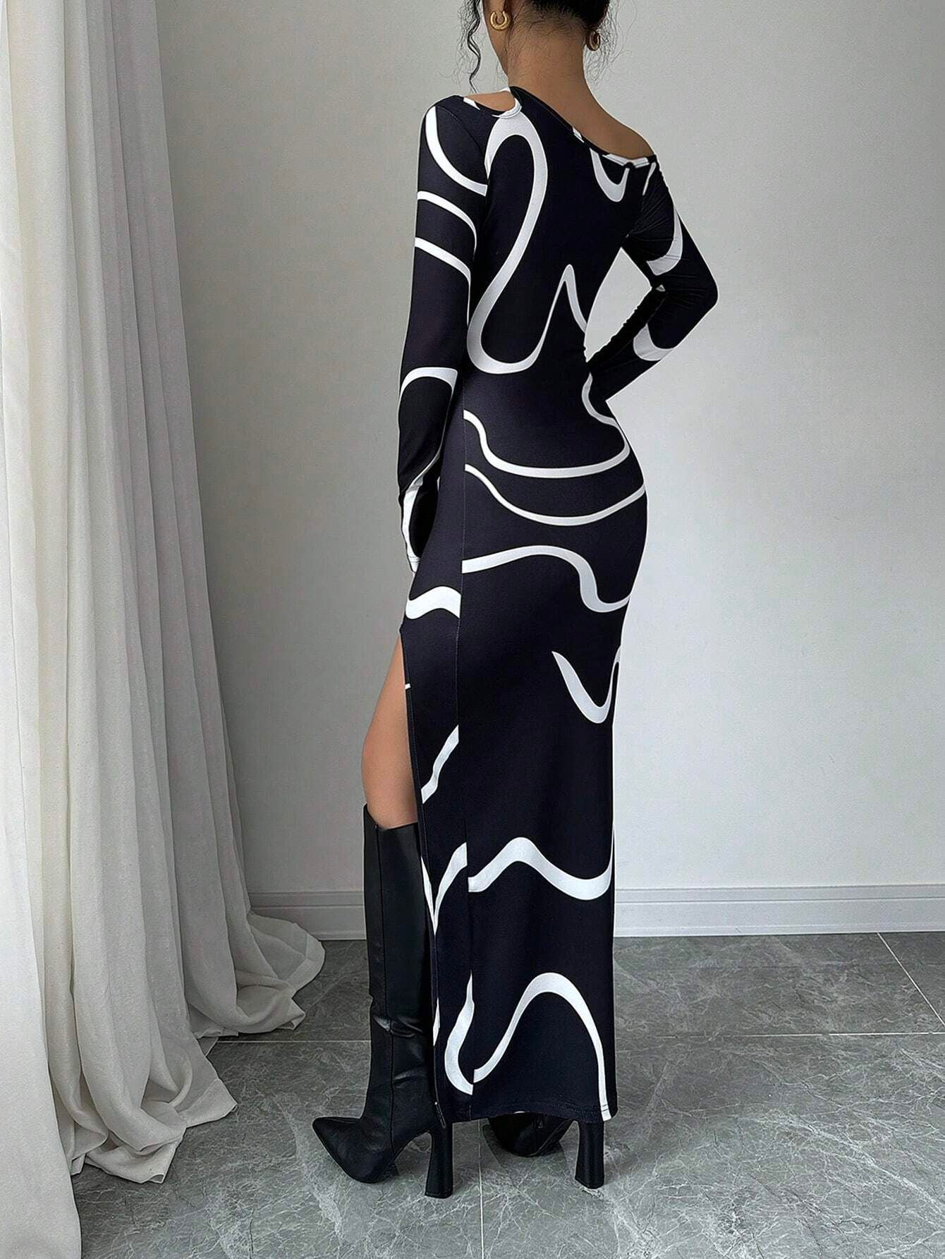 Chic Elegant Women Slash Shoulder Slim Graffiti Print Asymmetric Long Sleeve Slit Dress