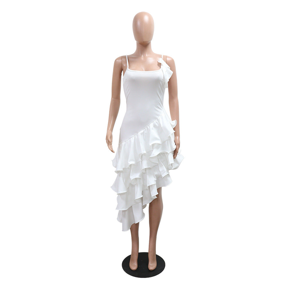 Summer Women's Solid Color Sexy Irregular Ruffle Straps Dress 10