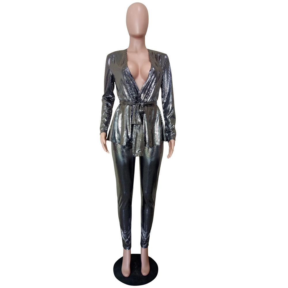 Women'S Slim Fashion Shiny Long Sleeve Suit With Belt 20