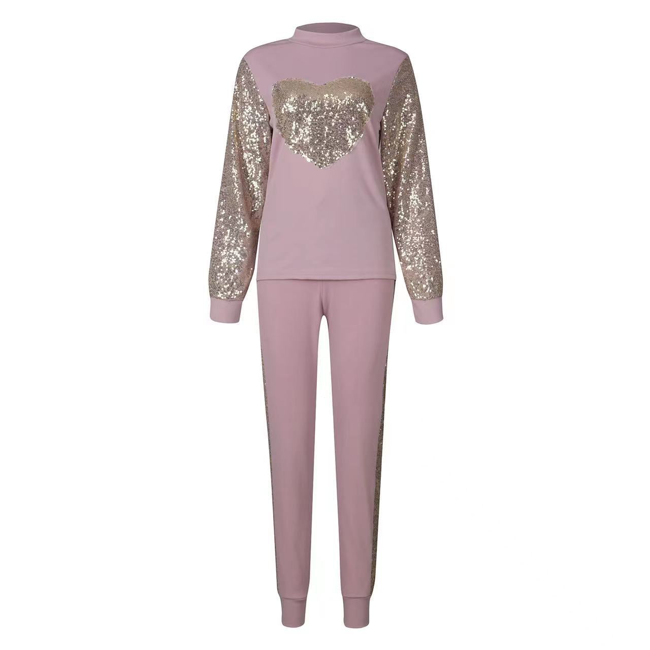 Women Heart Print Sequin Top and Pant Casual Two-piece Set 3