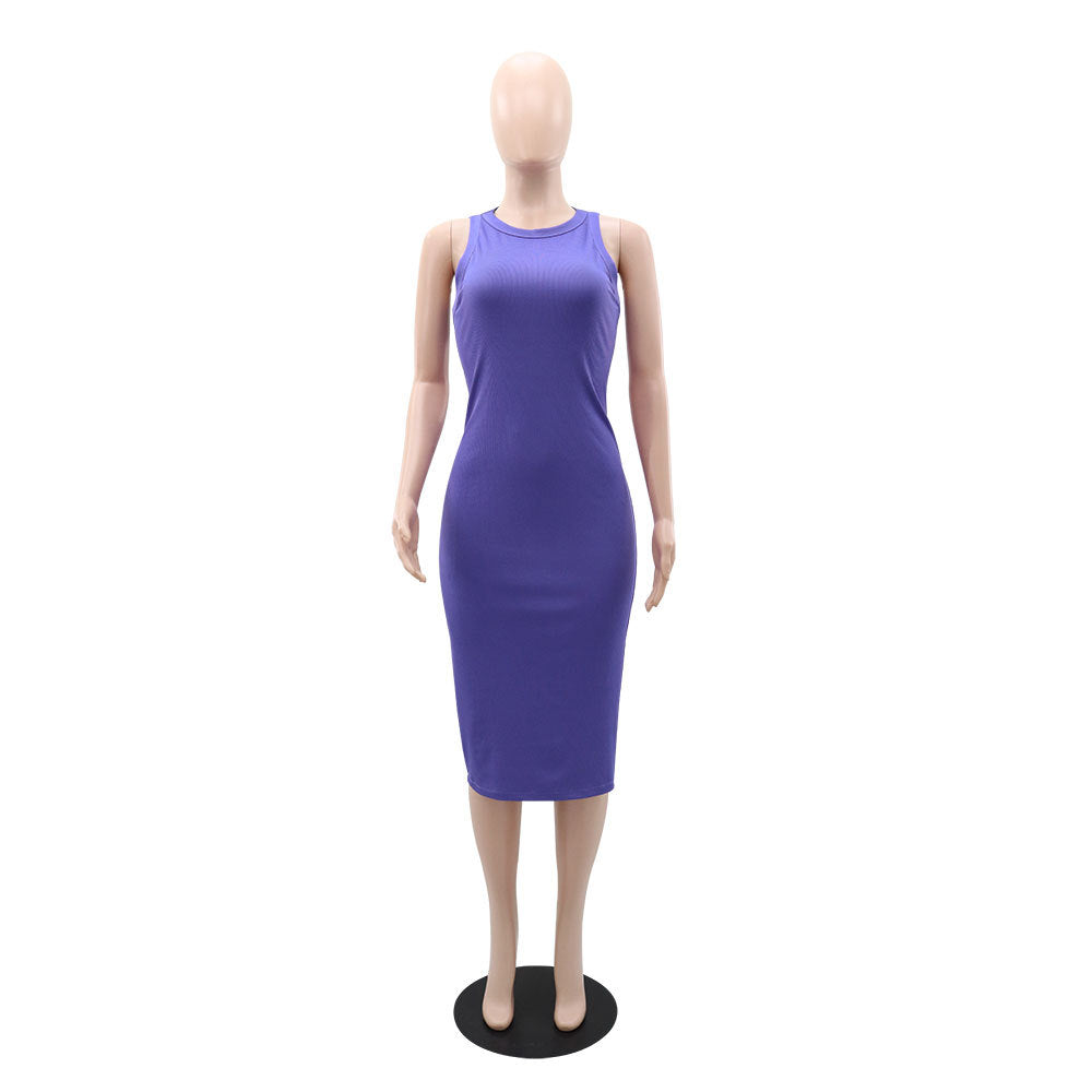 Women's Tight Fitting Dress Round Neck Sleeveless Midi Sexy Slim Bodycon Dress 3