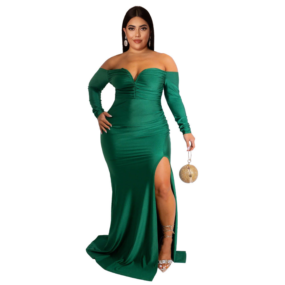 Autumn And Winter Plus Size Women'S Sexy Dress V Neck Solid Color Split Long Nightclub Dress 8